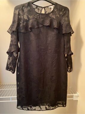 NEW Nanette Lepore Black Ruffle Sheer Floral Overlay Dress Size 8 “GypsyRose”